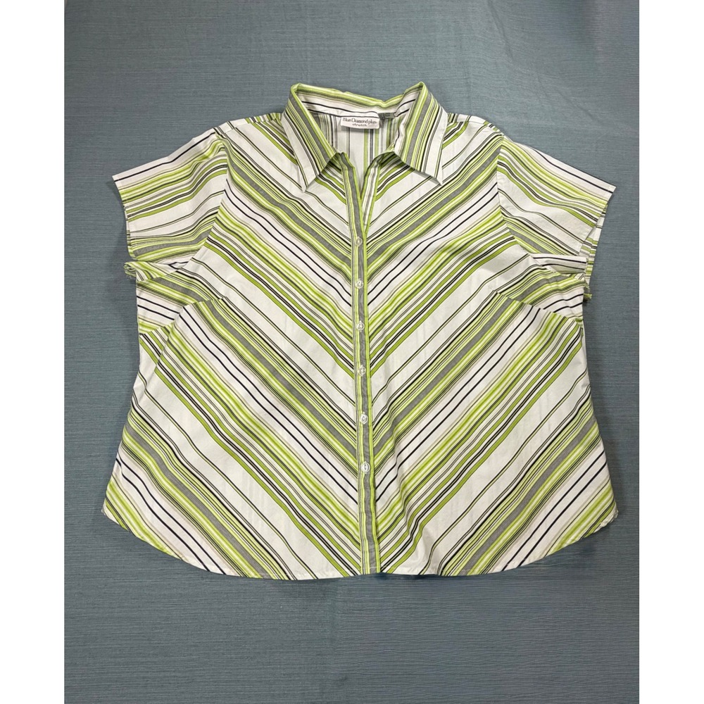 Blue Diamond Plus Women 24 Lime Green Striped Short Sleeve Button Down Shirt Top